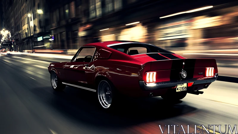 Classic red muscle car gliding through glowing night streets.
