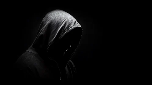 Hooded figure recedes into deep shadow and obscurity.