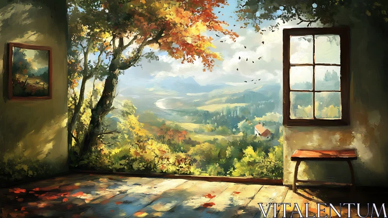 Digital painting interior vista with luminous autumn landscape.