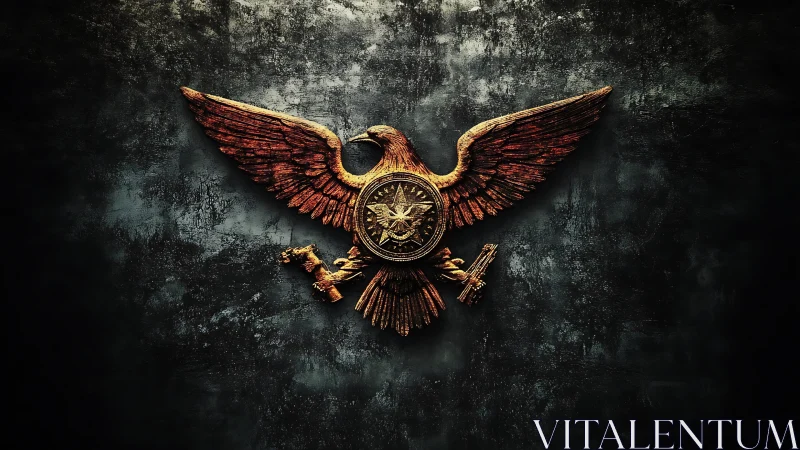 Weathered golden eagle emblem against dark stone wall.