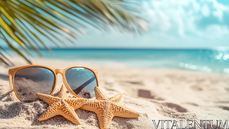 Sunny beach day with starfish and reflective sunglasses glow
