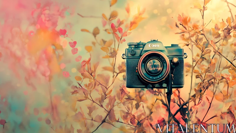 Vintage SLR camera suspended amid pastel autumn foliage bokeh