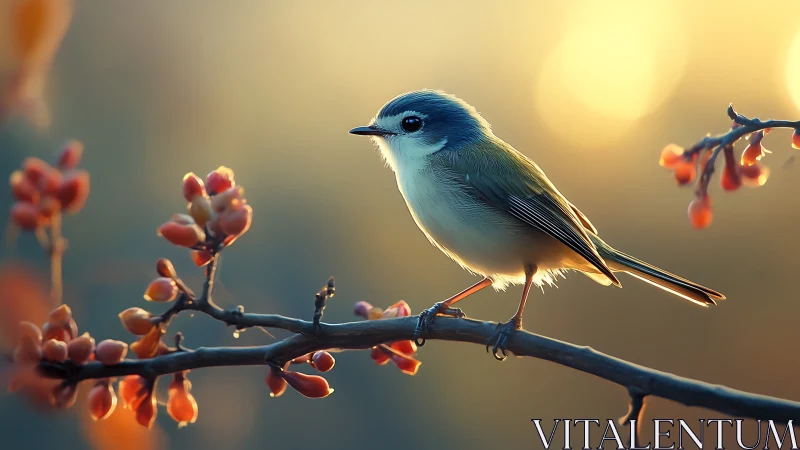 Small songbird on a branch at sunrise, dreamy soft-focus style.