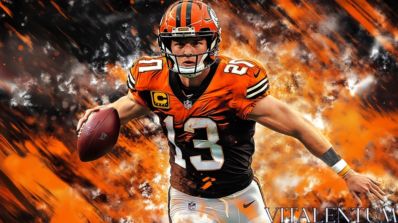 Digital rendering of football player in orange uniform running.