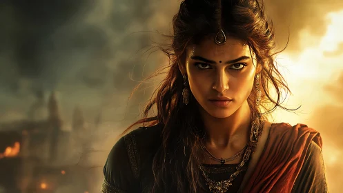 Fierce warrior gazes forward, wrapped in golden stormlight