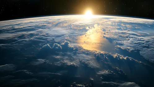 Low Earth orbit sunrise with specular ocean reflection and cloud relief