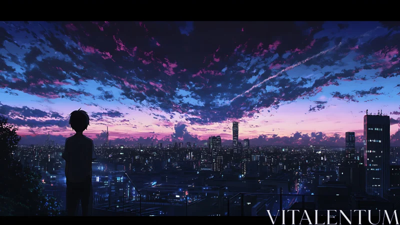 Silhouetted youth overlooks neon city beneath violet dusk sky