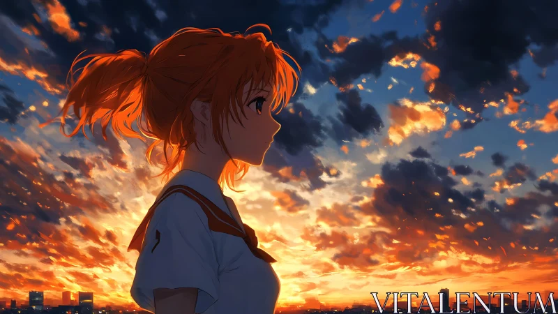 Backlit anime profile against stratified volumetric sunset field.