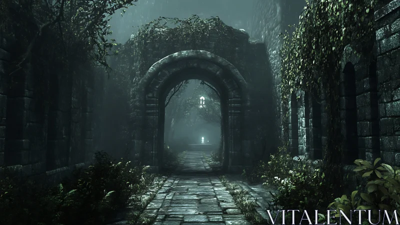 Foggy ruined stone corridor with ivy and distant light.