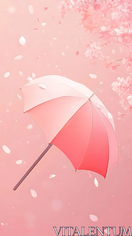 Pink umbrella drifts through soft cherry blossom petals.