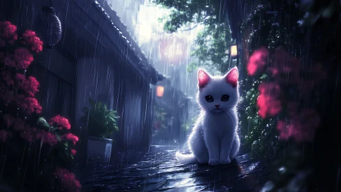 Backlit white kitten sits on wet alley stones under heavy rain