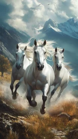 Three white horses running through a rugged mountain pass.