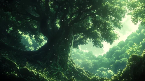 Luminous Ancient Forest Canopy: Towering Oak with Diffused Emerald Foliage