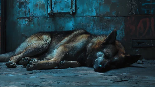 Sleeping shepherd under blue city light, resting in quiet.