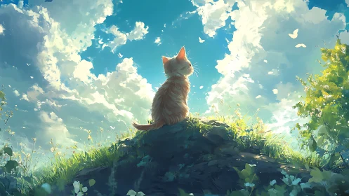 Feline figure positioned on elevated rock formation beneath sky.