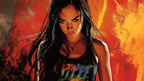 Fierce city girl framed by blazing sunset color storm.