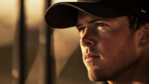 Sunlit close-up portrait isolates focused male face in profile