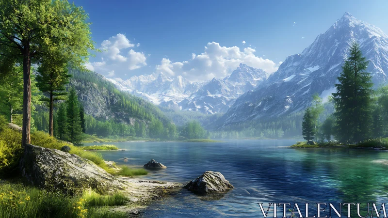 High dynamic range alpine lake scene with detailed atmospheric depth