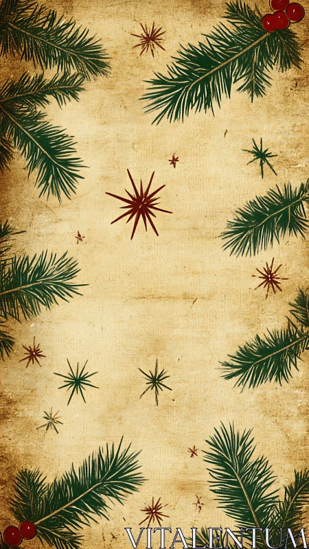 Vintage parchment background shows fir branches and stars