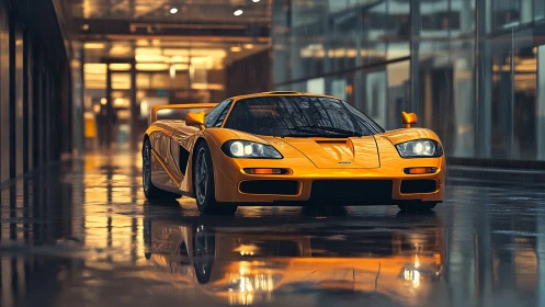 Gold supercar hums across rain-slicked city glass canyon