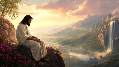 Figure in white robe on rocky ledge above valley landscape.