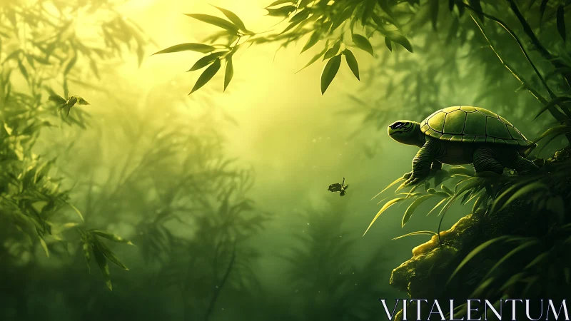 Sunlit forest turtle observes insects in atmospheric green haze