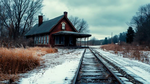 Winter-quiet railway station waits beneath brooding clouds.