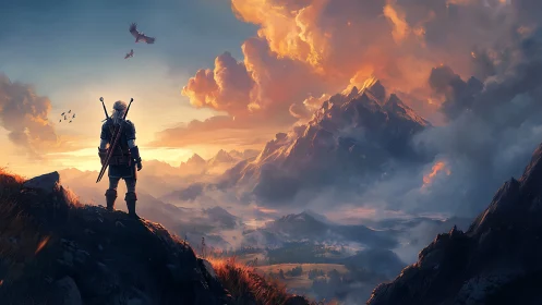 Sunlit wanderer quietly studies the misty mountain valley