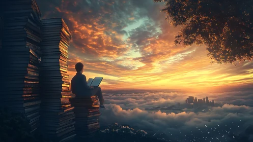 Boy on towers of books quietly studies above a glowing city sunset
