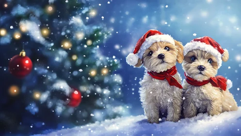 Festive puppies in Santa hats before glowing tree snowstorm.