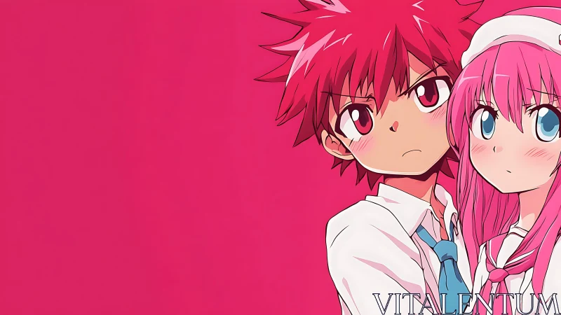 Anime boy and girl with pink hair against solid magenta