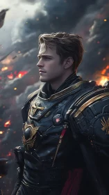 War-torn paladin in ornate black armor amid blazing sky.