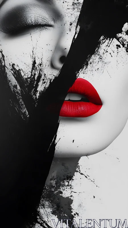 Bold red lips emerging through inky abstract shadows.