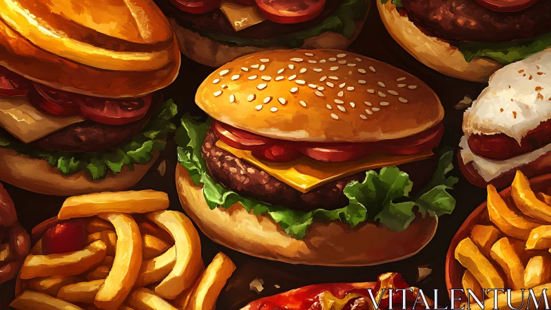 Gourmet cheeseburgers with fries under rich golden lighting.