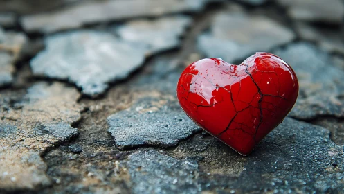 Cracked Red Heart Resting on Weathered Textured Ground Surface