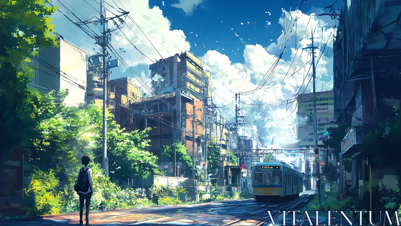 Sunlit urban rail corridor contrasts lush foliage and aging blocks