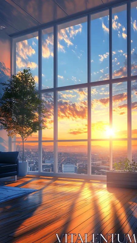 Sunset pours liquid gold across a sky-high city loft