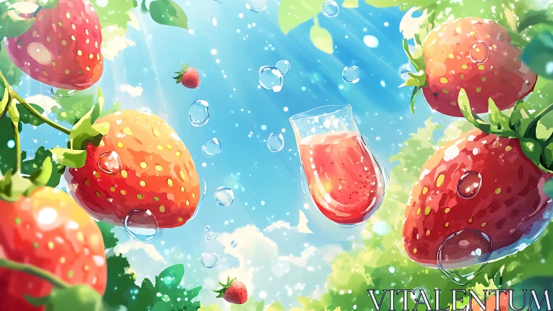 Sunlit strawberries and juice sparkle in a refreshing sky scene