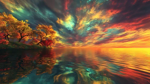 Sunset-scorched trees guard a kaleidoscope dreaming sea.