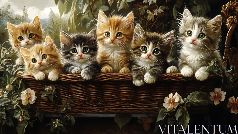 Five Kittens on Wooden Branch in Garden Setting.