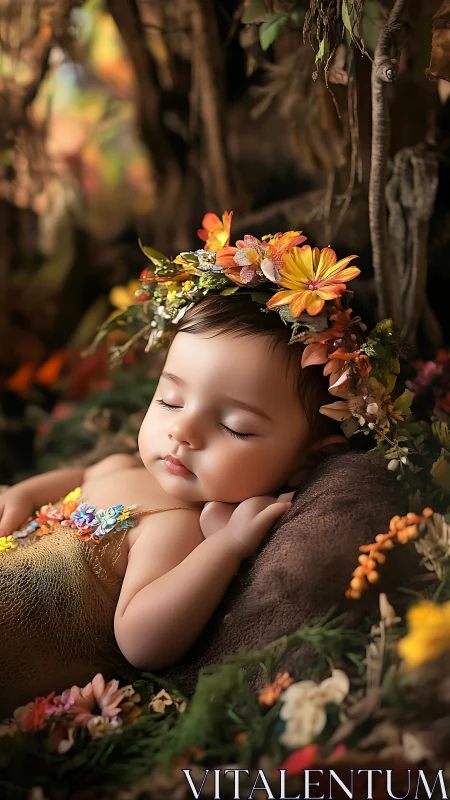 Sleeping Infant Positioned on Natural Fiber Surface with Floral Crown Arrangement