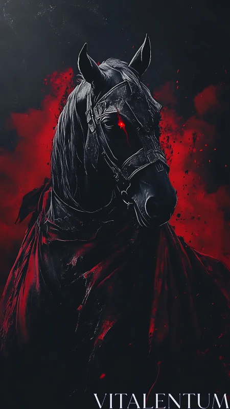Dark warhorse emerges from crimson smoke in haunting silence