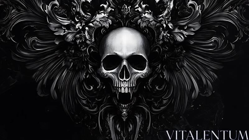 Baroque chrome skull erupting from swirling black petals.