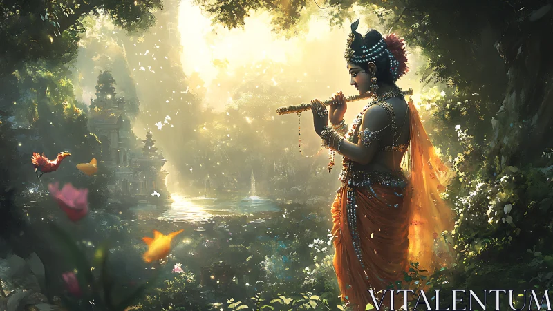 Divine flutist stands in glowing forest beside river temple.