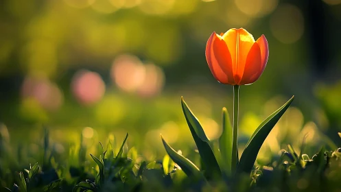 Sunlit orange tulip in soft green spring garden bokeh.
