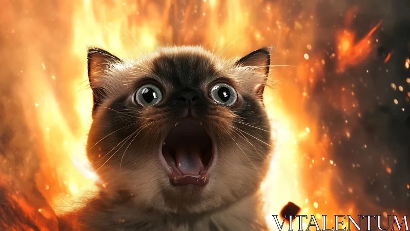 Adorable Siamese Cat with Shocked Expression Surrounded by Flames.