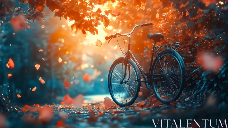 Bicycle Under Autumn Canopy with Falling Leaves.