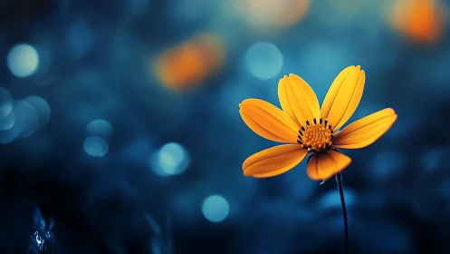 Golden Cosmos Flower Against Deep Blue Bokeh Background.