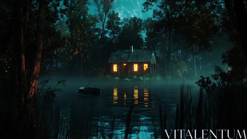 Cabin stands lit beside still forest lake at night