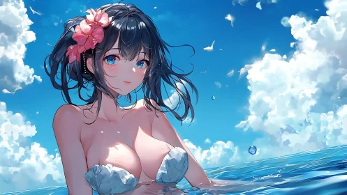 Anime girl in ocean under bright blue summer sky.